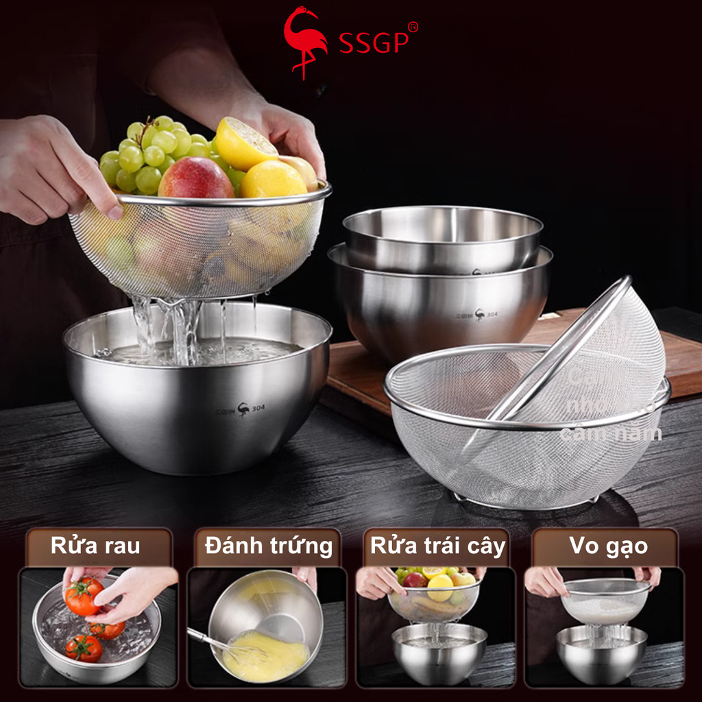 Thau trộn thực phẩm inox 304 đa năng SSGP SS20419 chậu rổ, thau, nhiều size chén bát, tô salad