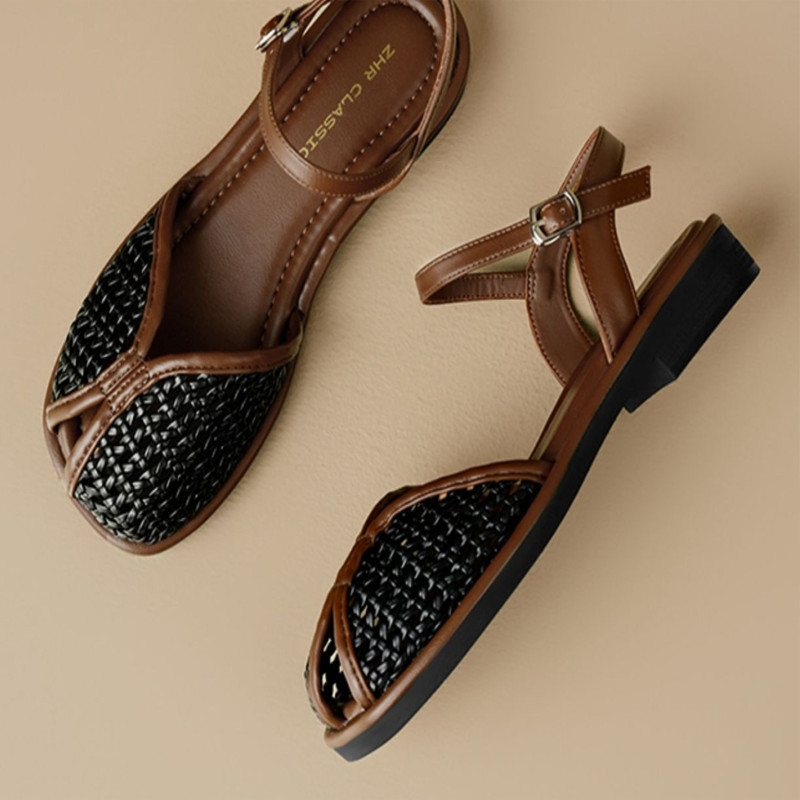 Atikota La Mã Sandal Retro Đế Bằng Cho Nữ Bện Cắt Ra Nửa Gói Giày Mùa Hè Thoải Mái