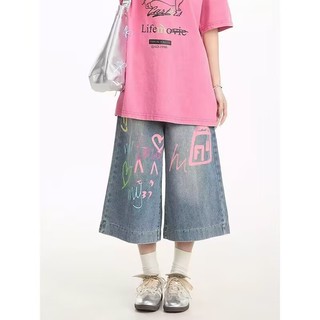 ESEA Quần short denim mới kiểu Mỹ cổ điển dáng rộng in graffiti phong cách trung tính