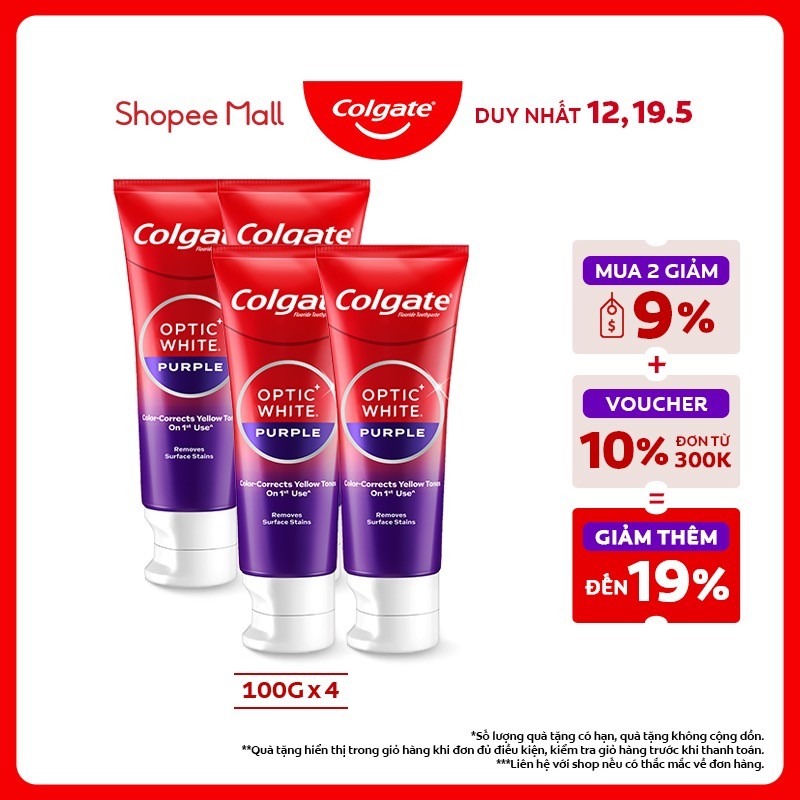 Ảnh Bộ 4 Kem Đánh Răng Colgate trắng răng Optic White Purple 100g công nghệ sắc tím, trung hòa ố vàng tức thì 1