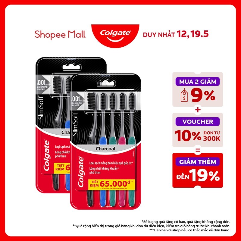 Ảnh Bộ 10 Bàn chải Colgate SlimSoft Charcoal than hoạt tính kháng khuẩn siêu mềm mảnh 1