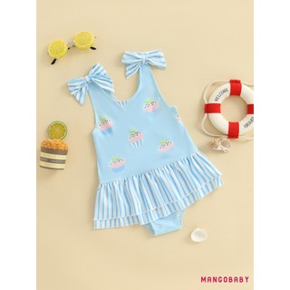 MG-Kid Girl Nơ Đồ Bơi Sọc Chanh Cupcake In Hình Cổ Chữ U Không Tay Xù Bộ Đồ Tắm Dễ Thương Đi Biển