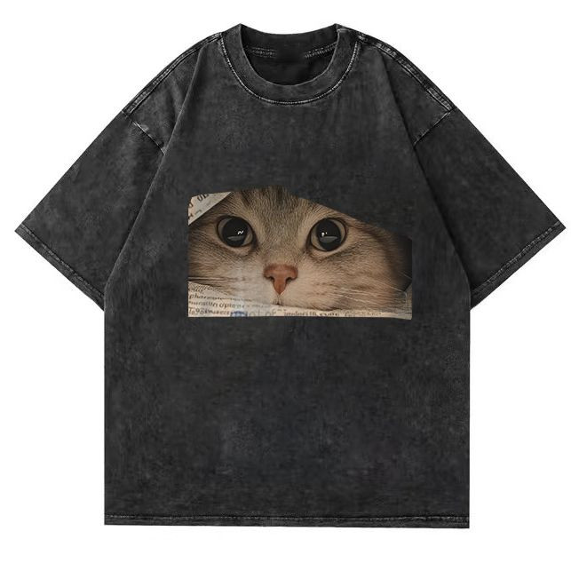 Pure Cotton Washed Vintage Short Sleeve T-Shirt Couple Summer Cat Print Loose Short Sleeve Top