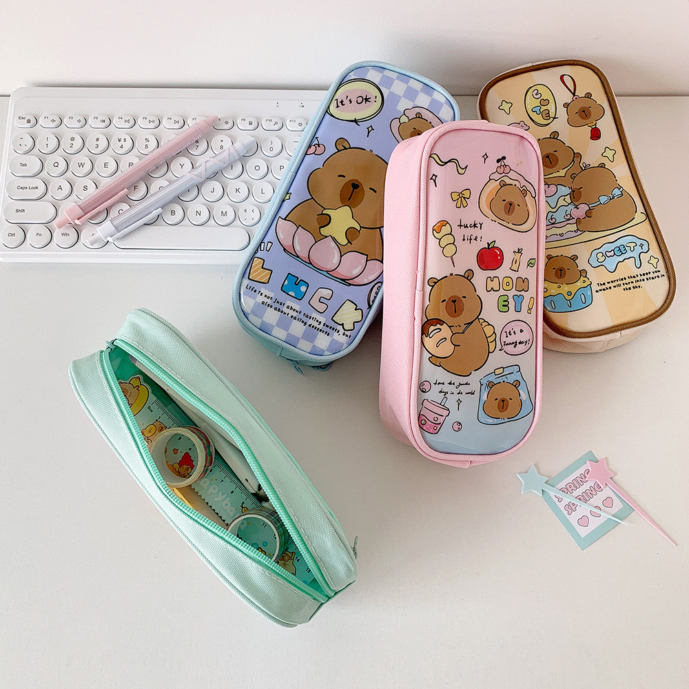 HK1 Capybara Phim Hoạt Hình Hộp Đựng Bút PVC Sinh Viên Túi Bảo Quản Dung Tích Lớn Túi Văn Phòng Phẩm KH1