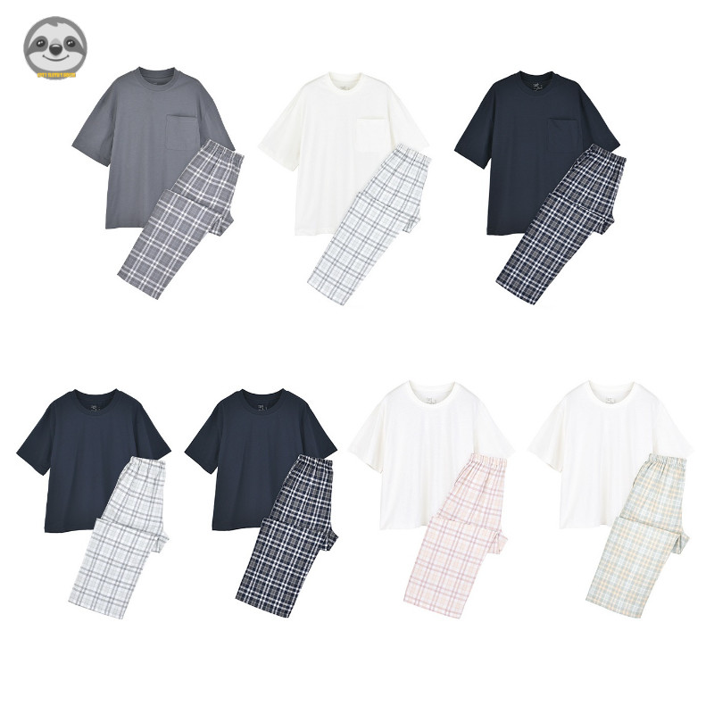 Phong cách Nhật Bản Muji Style / Bộ đồ ngủ ngắn tay bằng vải Cotton / Quần ngủ gạc hai lớp bằng Cotton