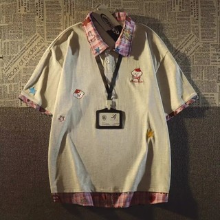 GKSSS Mới Áo Sơ Mi POLO Tay Ngắn Thời Trang Họa Tiết Chó Con Nối Giả Hai Mảnh Thời Trang Trung Lập Phong Cách