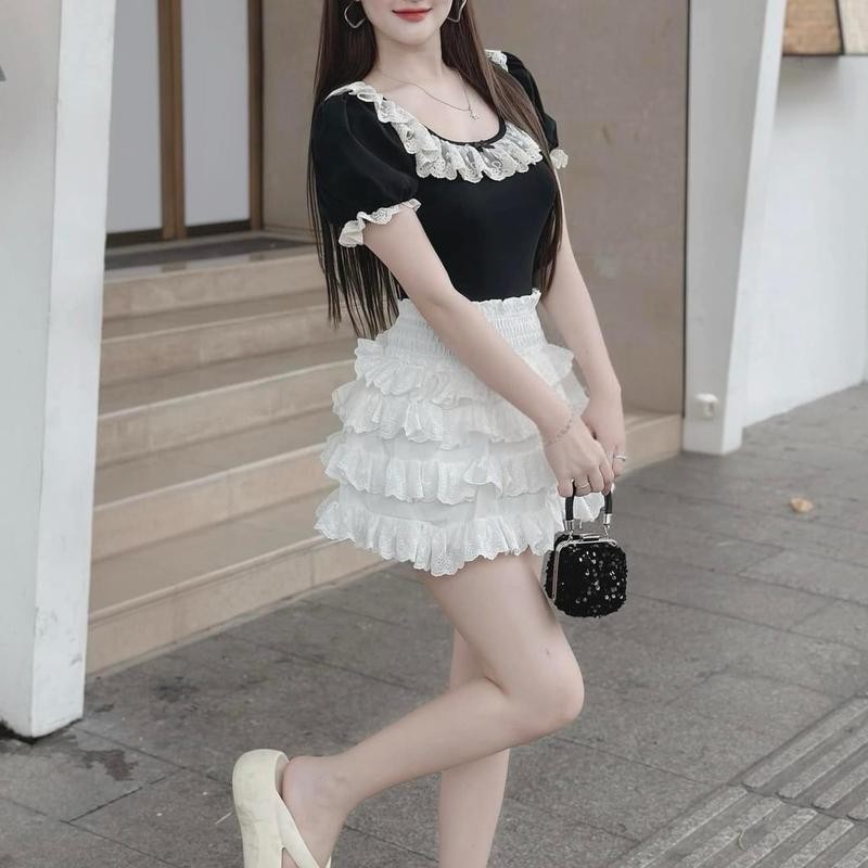 [SB3] Sét bộ nữ 2 món áo thun ôm body croptop tay ngắn viền bèo tiểu thư và chân váy ren