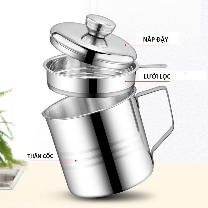 Ca Lọc Dầu Inox - Bình Lọc Cặn Dầu Ăn Cao cấp Có Nắp Đậy vô cùng tiện lợi