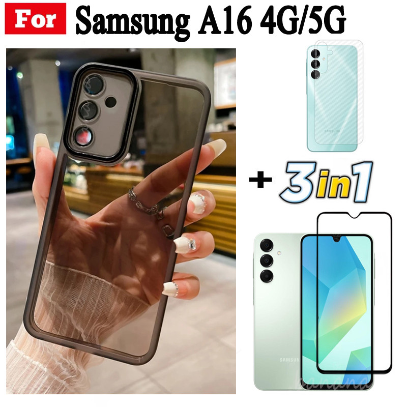 Ốp điện thoại trong suốt silicon mềm TPU 3 trong 1 Samsung A16 A06 có Camera bảo vệ mặt sau + Kính cường lực bảo mật + Phim mặt sau