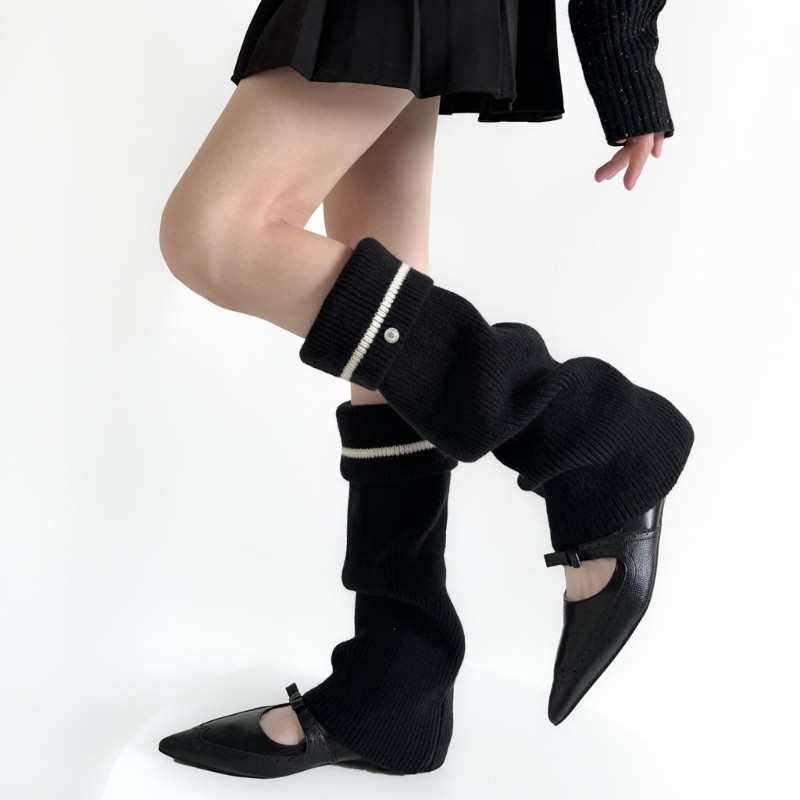 Dasbsug Thời Trang Vòng Tay Sọc Dệt Kim Chân Ấm Có Nút Kim Loại Cho Nữ Slouchy Chân loe Tay Áo Boot Có