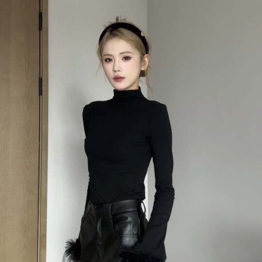 Áo dài tay kiểu Tây lót trong cổ cao lông màu đen phối ghép thu đông mẫu mới Milyfashion áo ôm dáng tôn dáng