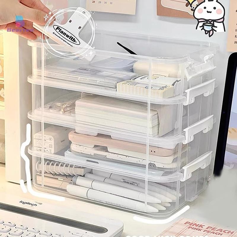 < Beartwo > Hộp lưu trữ để bàn có thể xếp chồng lên nhau 4 lớp Hộp lưu trữ trang điểm bằng nhựa trong suốt Hộp đựng trang sức Hộp lưu trữ ngăn kéo Bàn đẹp
