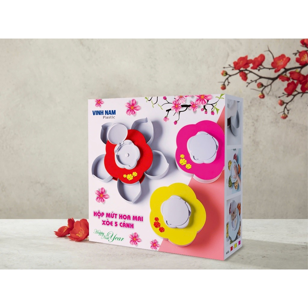 Hộp Đựng Mứt Tết Hoa Mai Xòe 5 Cánh Cao Cấp Vinh Nam Hộp Bánh Kẹo Khay Đựng Mứt Tết