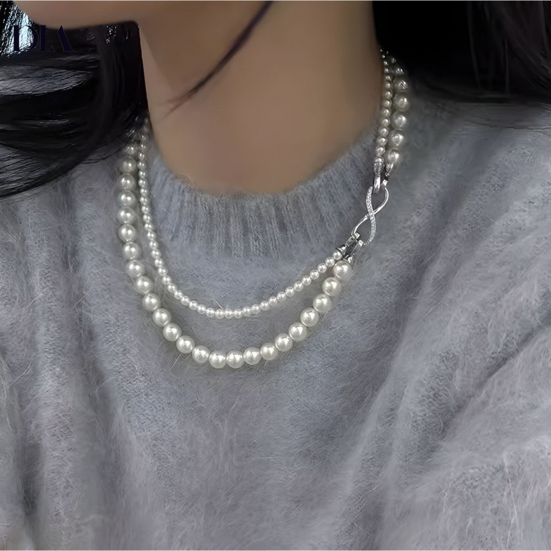 Vòng cổ ngọc trai có thể tách 8 Khóa hai lớp Dây chuyền Áo len khí chất dây chuyền xương đòn nhỏ sang trọng nhẹ