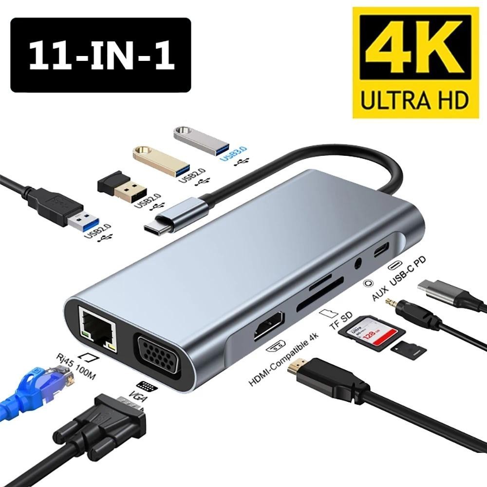 [Hàng có sẵn] Trạm kết nối Type-C 11 trong 1 USB 3.0 HUB Bộ chia USB C Type C sang 4K HDMI VGA PD RJ45 Bộ chuyển đổi mạng 100M cho máy tính xách tay Macbook