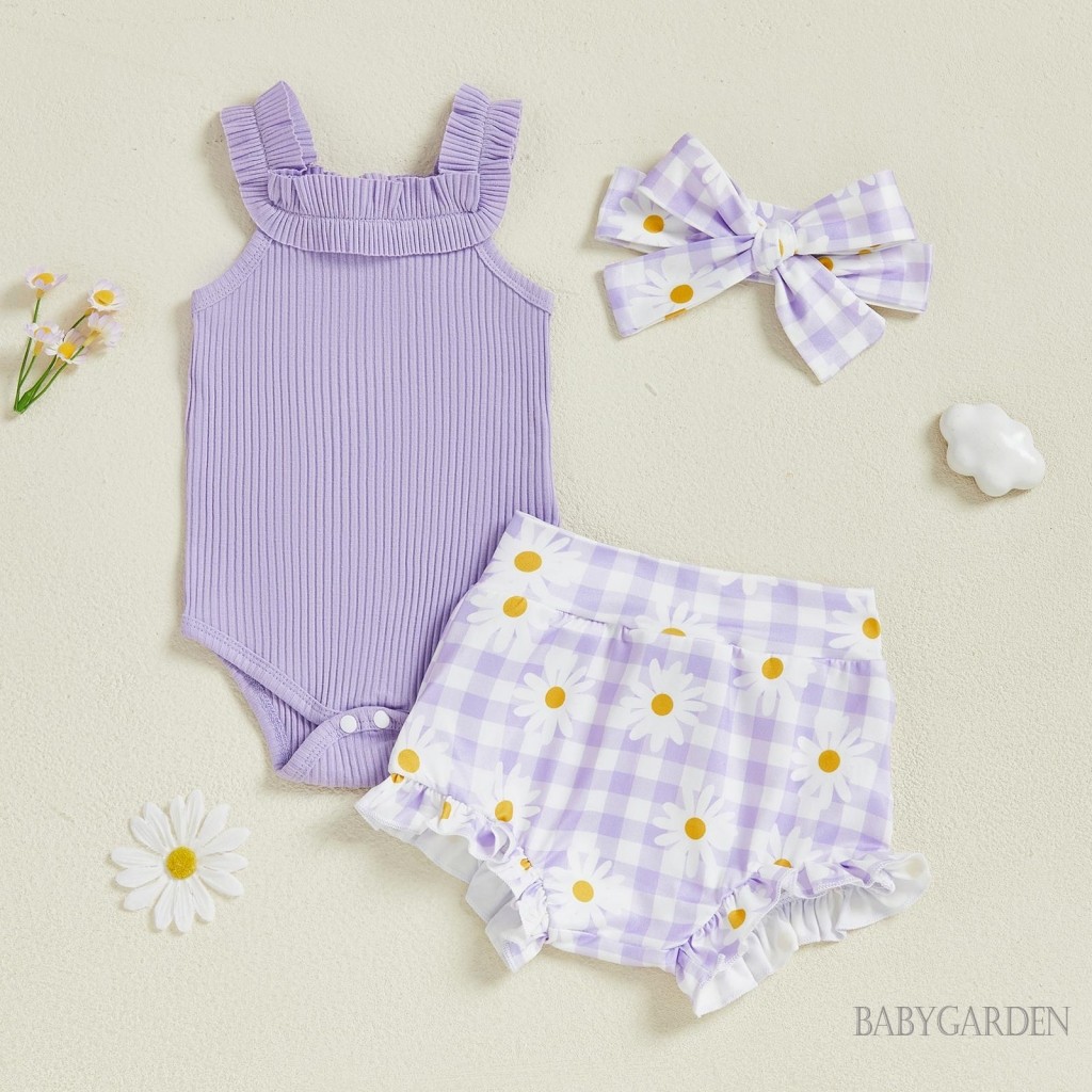 / / -Bộ đồ liền thân không tay có gân chắc chắn Kẻ sọc Daisy Ruffle Quần short Headband 3 mảnh trang phục