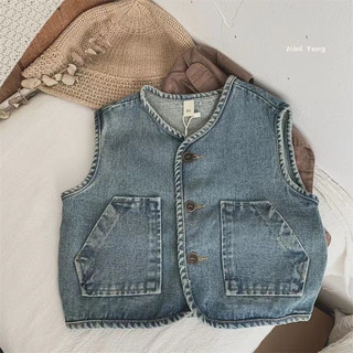 Áo gile denim trẻ em mới mùa xuân và mùa thu, áo gile retro thời trang cho trẻ em, áo khoác cho bé