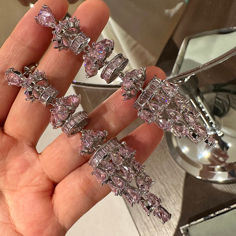 Bông tai dài Zircon màu hồng, phong cách Hàn Quốc sang trọng