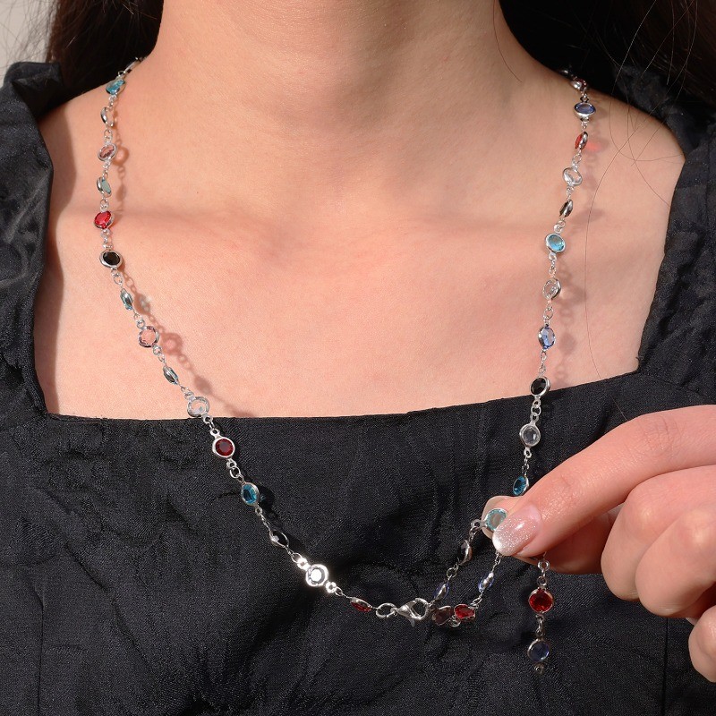 [GuuDuu] Vòng cổ Zircon pha lê sang trọng - Dây chuyền xương đòn hình chữ Y đầy màu sắc Bohemian - Trang sức tuyên bố Bohemian - Choker tua rua dài - Quà tặng trang sức cơ thể Y2K