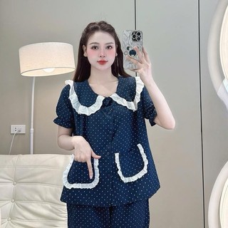Bộ Đồ Ngủ Nữ JUSOKA Pijama Mặc Nhà Cổ Sen Ren Trắng Chất Đũi Vân Mây Siêu Xinh Dễ Thương Dành Cho Nữ DU06
