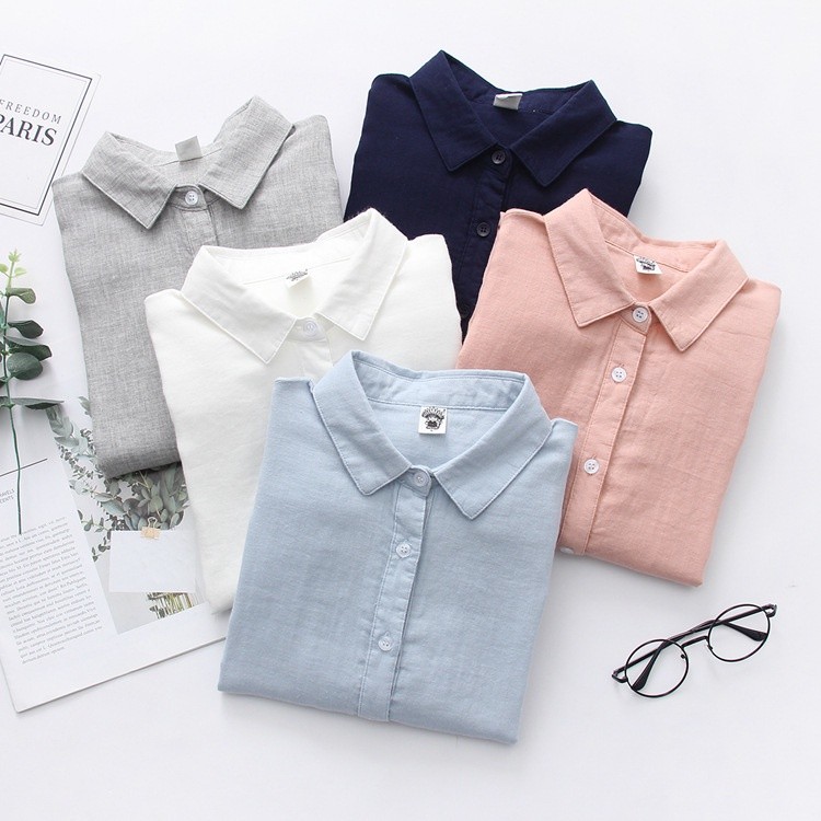 Áo sơ mi nữ Cotton cao cấp, sợi cotton hai lớp, màu trơn, thân thiện da, tay dài