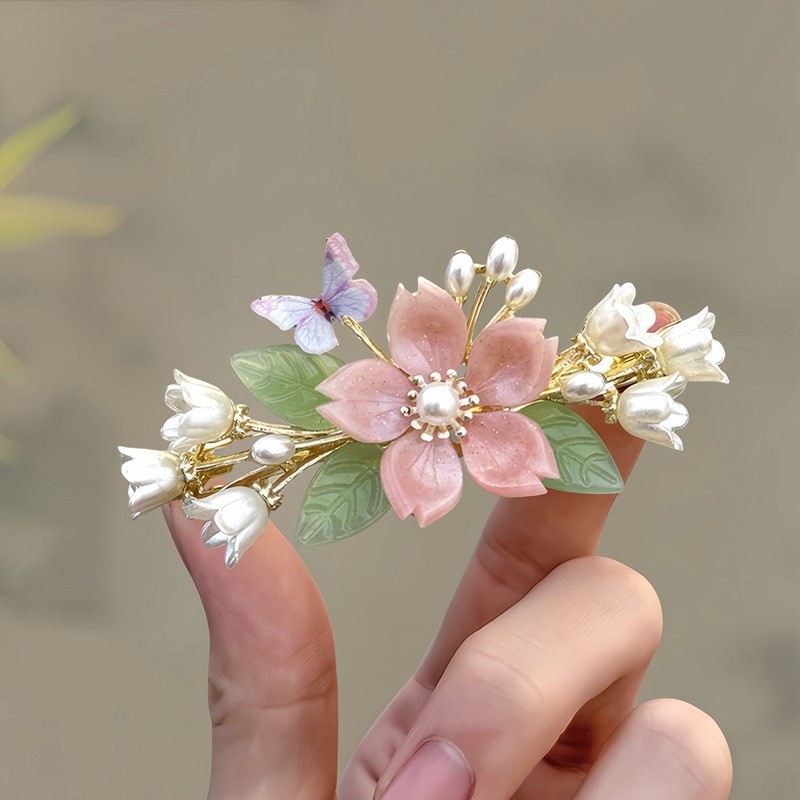 🔥Phong Cách Cổ Hoa Lily Của Thung Lũng Bướm Ngọc Trai Kẹp Tóc Mới Trung Quốc Retro Đầu Lưng Nửa Tie Kẹp Tóc Hanfu Mũ Đội Đầu DE31