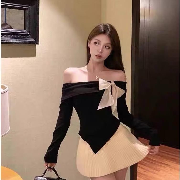 Áo trễ vai nữ sang chảnh trễ vai chất thun len dài tay thắt nơ đính ngọc trai A087 top women