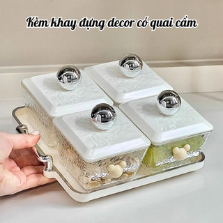 Khay Đựng Mứt Tết Bánh Kẹo Chia Ngăn, Hũ Đựng Hoa Quả Nắp Núm Tròn Nhựa Vân Kim Cương Sang Trọng