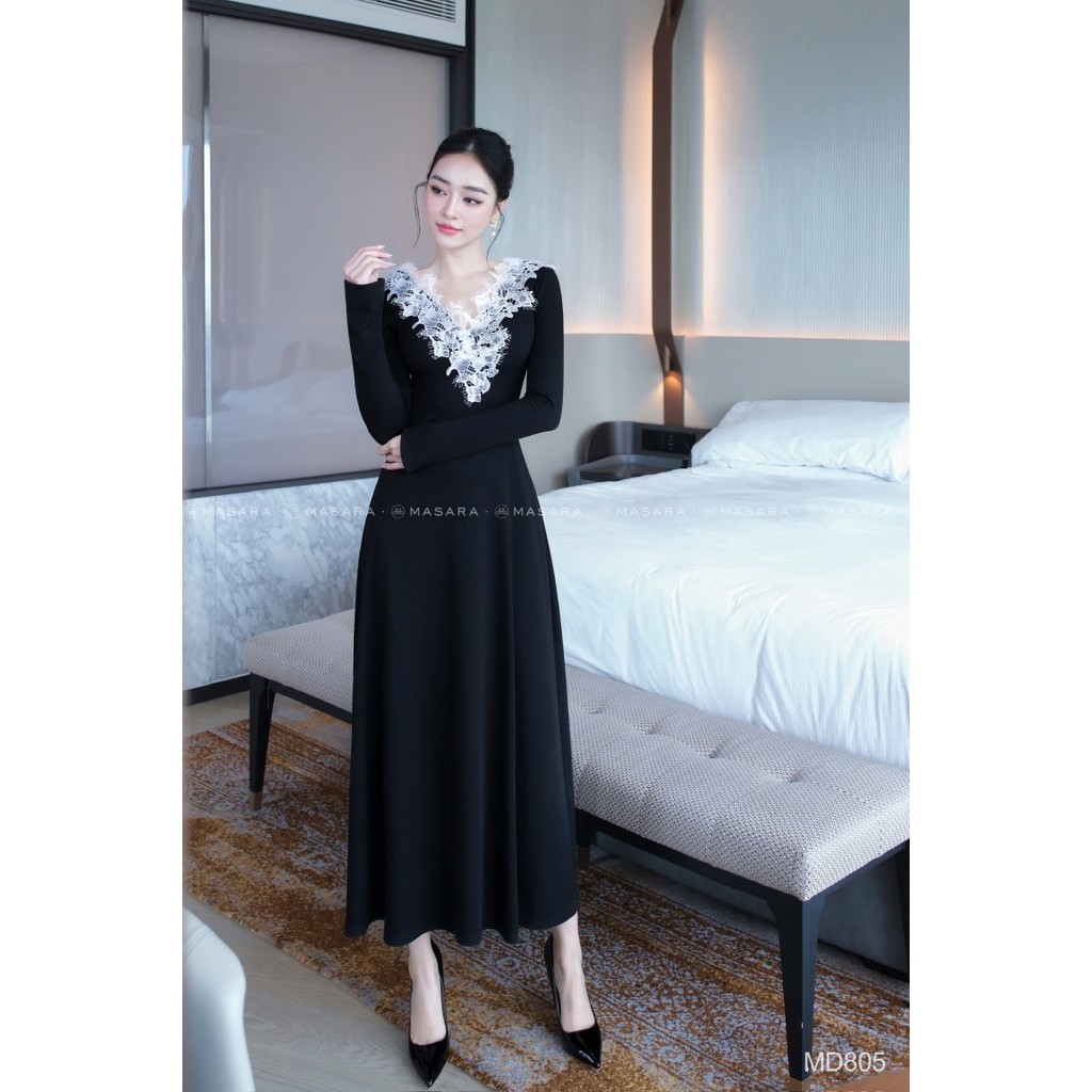Đầm nữ Masara dáng dài chất thun đen ren trắng cổ V phong cách thanh lịch MD805