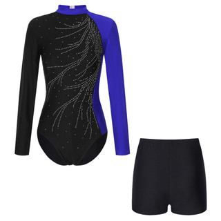 Yhong Nữ Tay Dài Choàng Cổ Màu Khối Lấp Lánh Kim Cương Giả Leotard Có Quần Short Cho Thể Dục Vũ Hình Trượt Băng