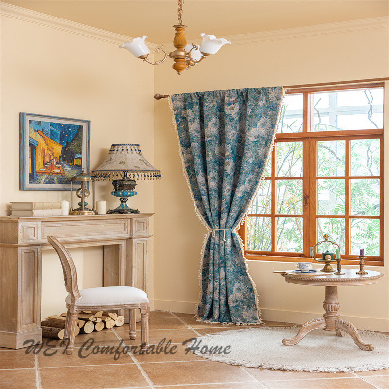 Pháp Xanh Sơn Dầu Rèm Phong Cách Mục Vụ Phòng Ngủ Vịnh Cửa Sổ Bán Đen Jacquard Phòng Khách Hoàn Thành Rèm