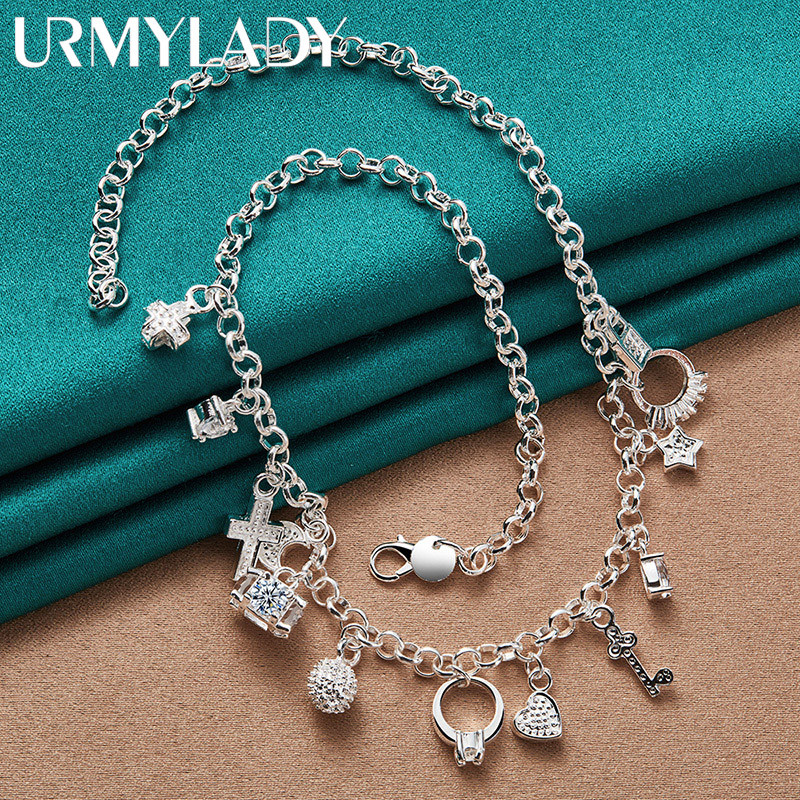 URMYLADY Bạc 925 Chữ Thập Chìa Khóa Trái Tim Ngôi Sao Zircon Mặt Dây Chuyền Vòng Cổ Cho Nữ Trang Sức