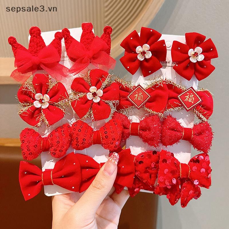 # Vn # 8 Cái / bộ Kẹp Tóc Nơ Đỏ Cho Bé Gái Handmade Ruy Băng Nơ Kẹp Tóc Barrettes Phụ Kiện Tóc Giáng Sinh Năm Mới.