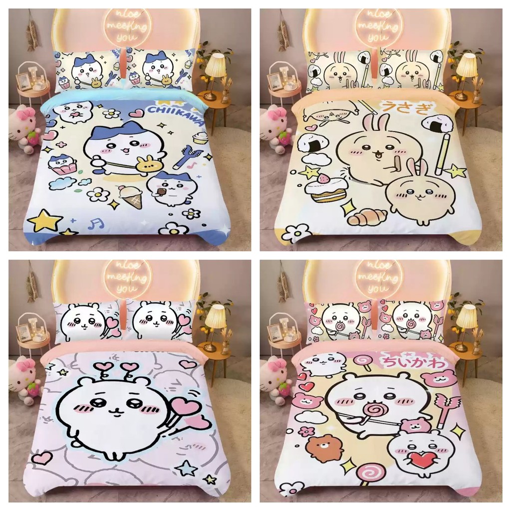 ST2 Chiikawa Usagi 3IN1 Ga trải giường Vỏ chăn gối Bộ chăn ga gối Phòng ngủ gia đình Bộ đồ hoạt hình có thể giặt được TS2