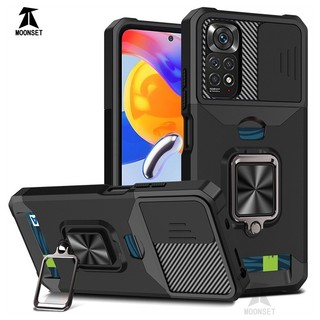 Dành cho Redmi Note 11 / 11S / 11 Pro (4G / 5G) Ốp lưng có nắp máy ảnh trượt Giá đỡ thẻ Vòng chân đế Bảo vệ hạng nặng Vỏ mỏng mỏng mỏng