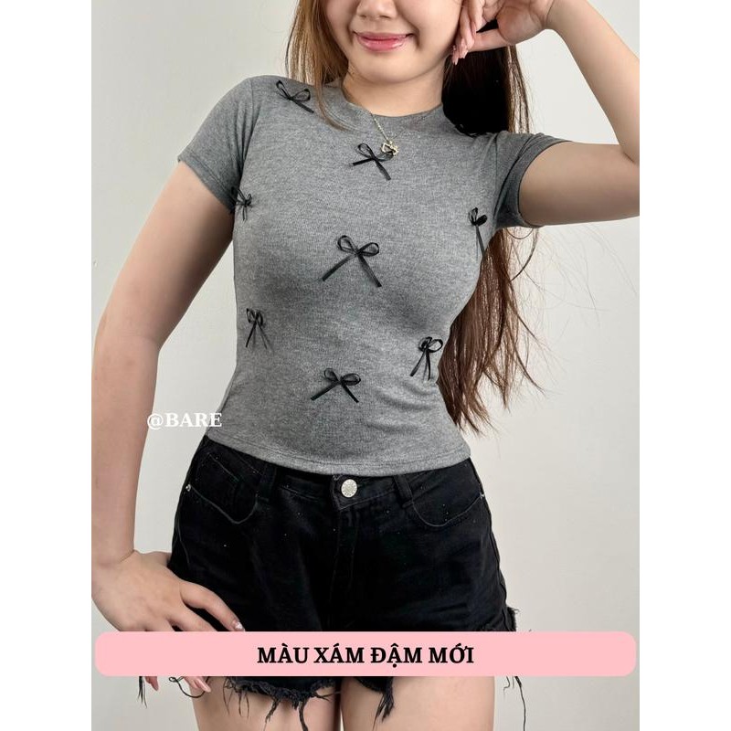 (Có size) Áo thun ôm body nữ tay ngắn gắn nhiều nơ nhỏ xinh xắn chất thun thái mềm co dãn tôn dáng-A31
