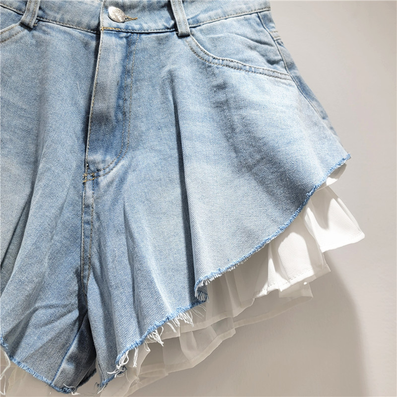 Niche Thời Trang Cao Cấp Quần Ống Rộng Hợp Thời Trang Mỹ ins High Street Giả Thiết Kế Hai Mảnh Quần Short Denim Nữ