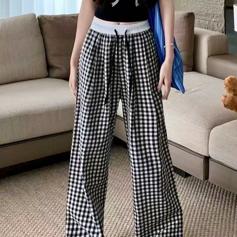 quần kẻ sọc ống rộng Quần kẻ caro phong cách Hàn Quốc, cạp cao, rộng rãi, có dây rút, co giãn, kích cỡ lớn, nhiều màu sắc
