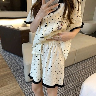 Polo Dot hellokitty Bộ Đồ Ngủ Mèo Nữ Mùa Hè Phong Cách Mới Ren Tay Ngắn Sinh Viên Nhật Bản Nhà Quần Áo Phù Hợp Với Mặc Ngoài