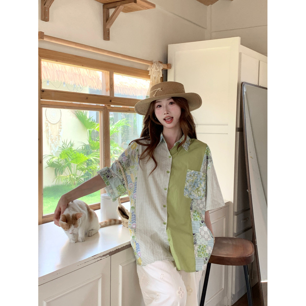 SUXI Áo sơ mi in màu tương phản cổ điển mới dành cho nữ mùa hè 250516
