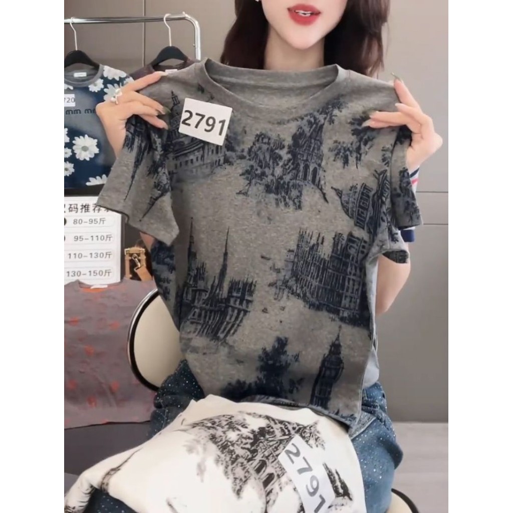 Áo thun nữ chữ cái mùa hè 2025 retro in mới giảm béo thời trang dáng rộng thường ngày chắp vá hàng đầu