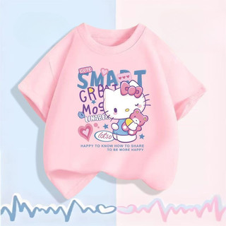 2025 Hello Kitty Bé Gái Áo Thun Trẻ Em Phong Cách Hoạt Hình Mùa Hè Tay Ngắn Playwear Top