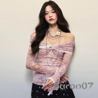 Áo thun nữ dài tay in hoa ren viền thuyền cổ lệch vai Áo sơ mi mùa xuân thu Slim Fit Áo thường ngày