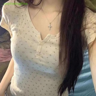 Onetimingfine Nữ Mùa Hè Retro Hoa Chữ U Nút Cổ Áo Thun Tay Ngắn Hottie Slim Crop Top VN