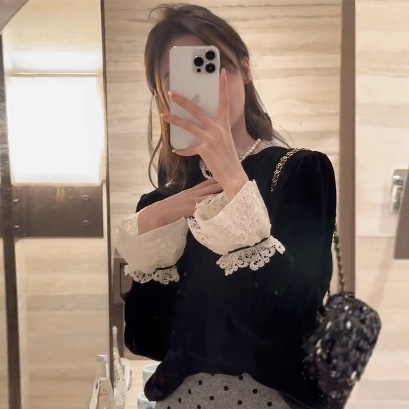 Milyfashion Retro Ren Khâu Vàng Nhung Áo Sơ Mi Mùa Dài Tay Hoa