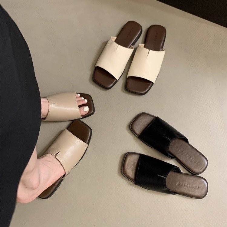 Mùa Hè Retro Mở Mũi Thấp Đế Bằng PU Mũi Vuông Màu Trơn Niche Thời Trang Nhẹ Slip-On Nữ Thường Ngày Nhà Ngoài Trời Mặc Slipp