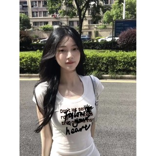 American Hot Girl Tight-Fit Letter Trắng Chính Hãng Vai Ngắn Tay Áo Thun Nữ 2025 Ngọt Ngào Mát Mỏng Hơn Nhìn Móc Eo U-
