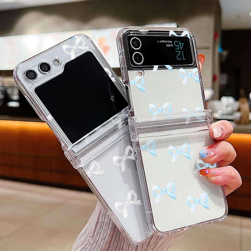 Ốp Điện Thoại Trong Suốt Họa Tiết Nơ Dễ Thương Cho Samsung Galaxy Z Flip 7 Flip 6 Flip 5 Flip 4 5G Full Bản Lề Cứng PC Gấp Bao Dành Cho Samsung Z Flip7 Flip6 Flip5 Flip4 Flip3