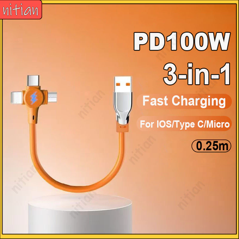 Cáp ngắn 100W 0,25m Cáp dữ liệu sạc USB 3 trong 1 USB sang IOS / Type C / Micro Cáp Mini Dây sạc ngắn Dây sạc nhanh Power Bank