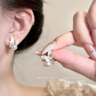 Bông tai kim cương giả hình bướm ngọc trai nữ, ánh sáng sang trọng, phong cách ngọt ngào, phù hợp mùa hè, cho học sinh